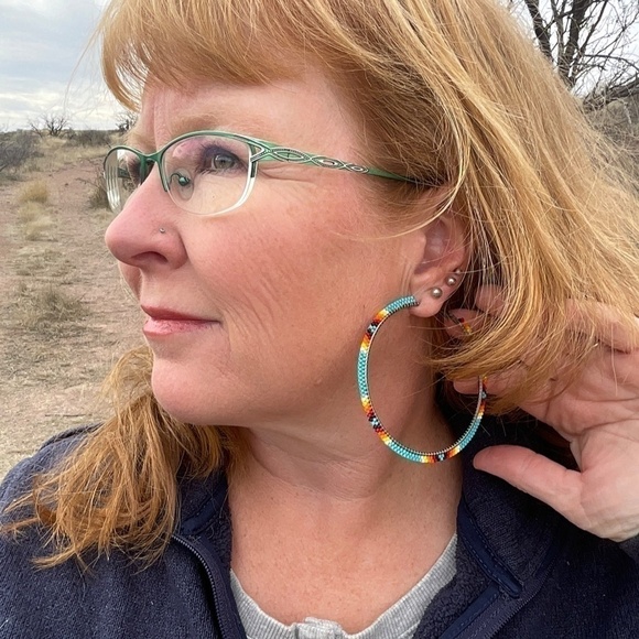 Turquoise with Native Colors Beaded 3” Hoops, New, Handmade by Me - Picture 8 of 9